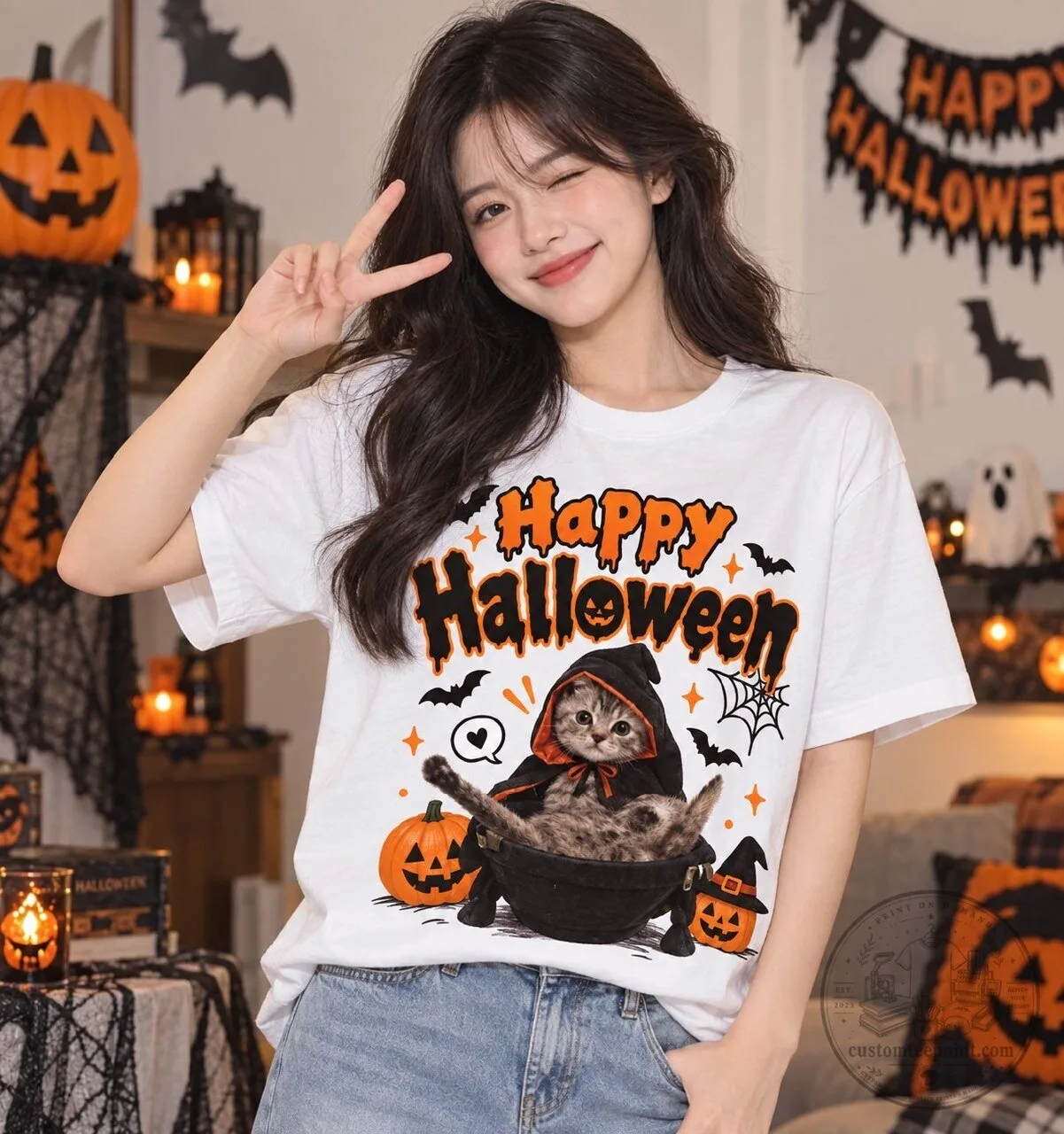 Cute Halloween Ghost Cat Tee